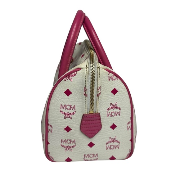 Vintage MCM White and Pink Visetos Leather Lion Boston Bag. - Picture 3 of 11